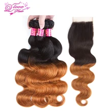 Queen Love Hair Pre-Coloed Ombre Mongolian Body Wave Hair Bundles With Closure 1B/30 Non Remy Hair Weave Human Hair Extensions