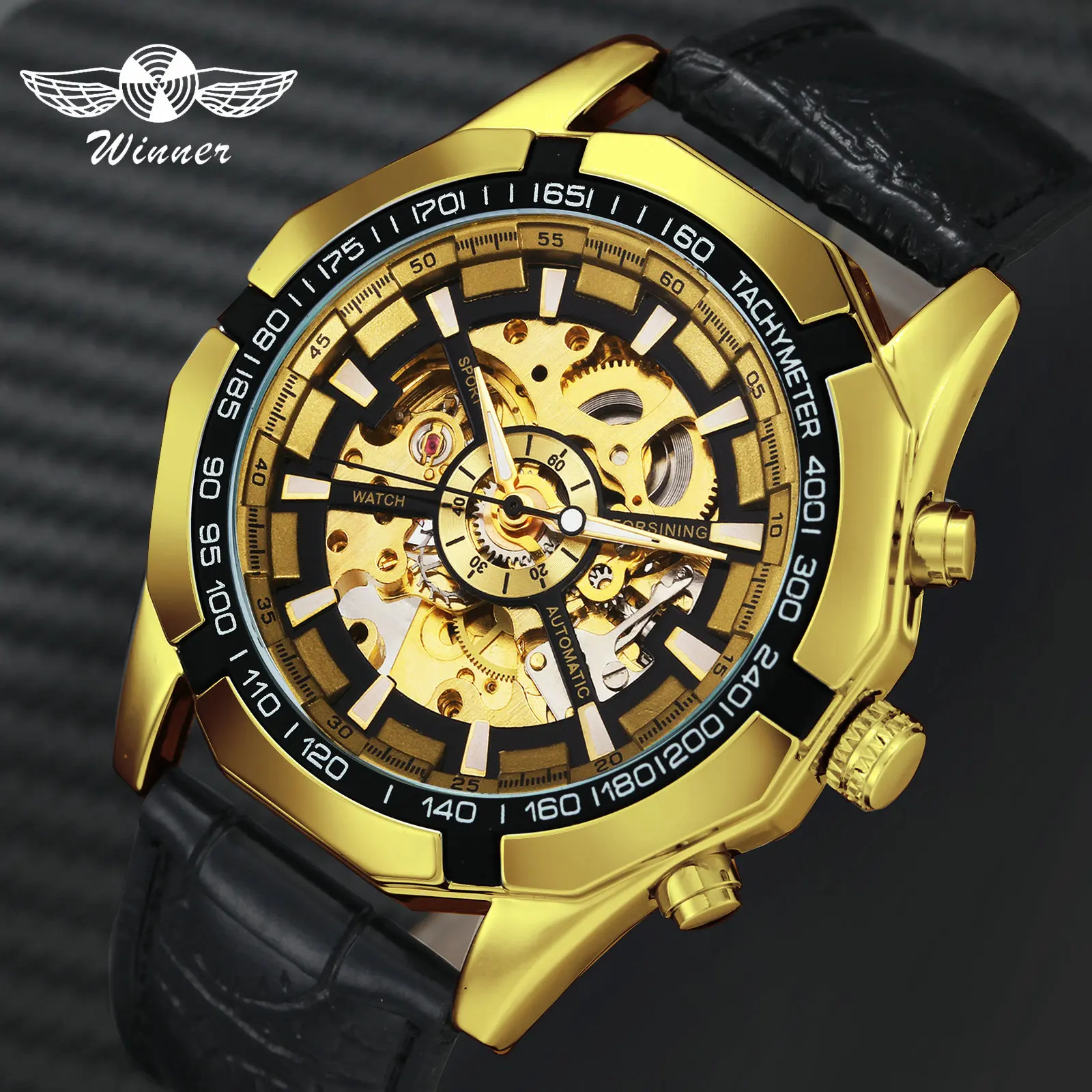 WINNER официальный автоматические часы для мужчин Золотой Скелет Механические мужские s часы бренд класса люкс кожаный ремешок модное платье наручные часы