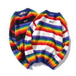 Трикотажные свитера с буквенным принтом, мужские цветные свитера в радужную полоску, Harajuku, Ретро стиль, пара, Повседневная Уличная одежда