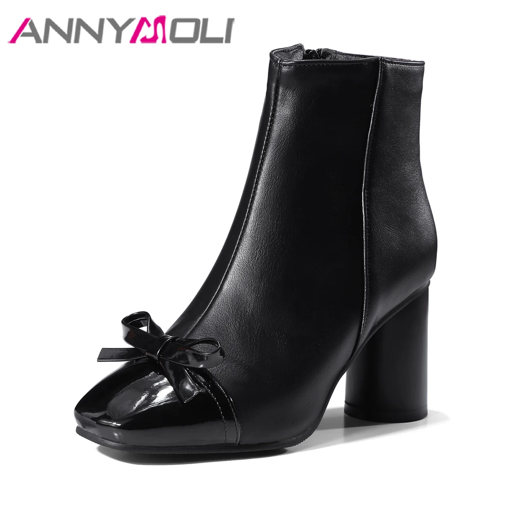 

ANNYMOLI Women Boots Autumn High Heels Winter Shoes Bow Chunky Heels Short Boots Black Thick Toe New Fashion Zip Plus Size 3-12