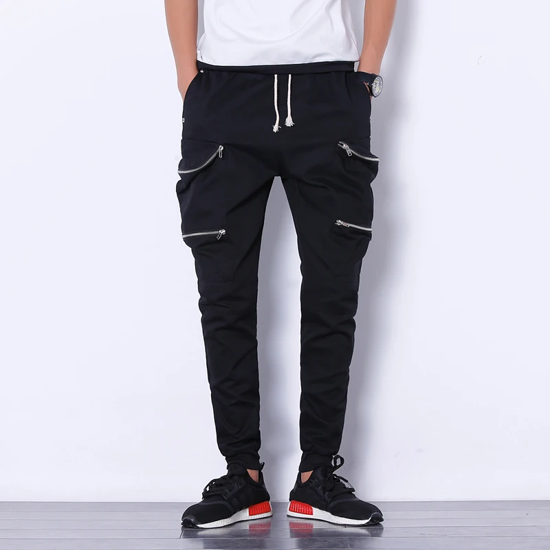 

2019 Summer Hip Hop Pants Men Multi-Pockets Zippers Harem Pants Joggers Mens Casual Solid Streetwear Military Pants Men