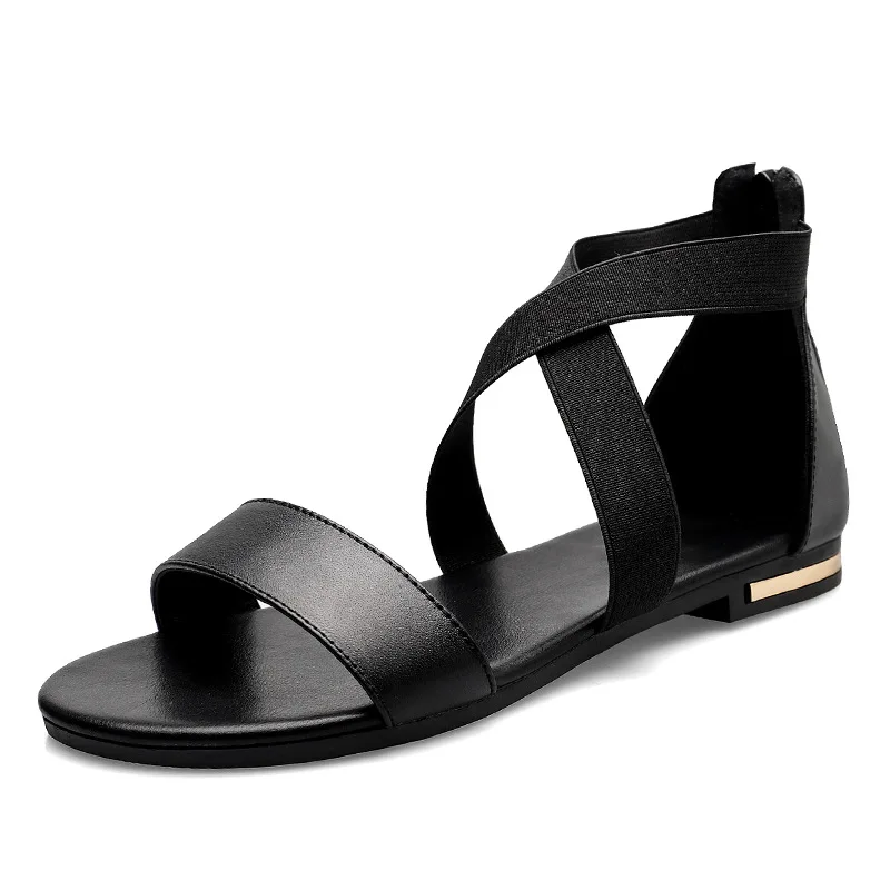 

2019 Genuine Leather Women Sandals Hot Sale Fashion Summer Sweet Women Flats Heel Sandals Ladies Shoes Black flat sandals 31-46