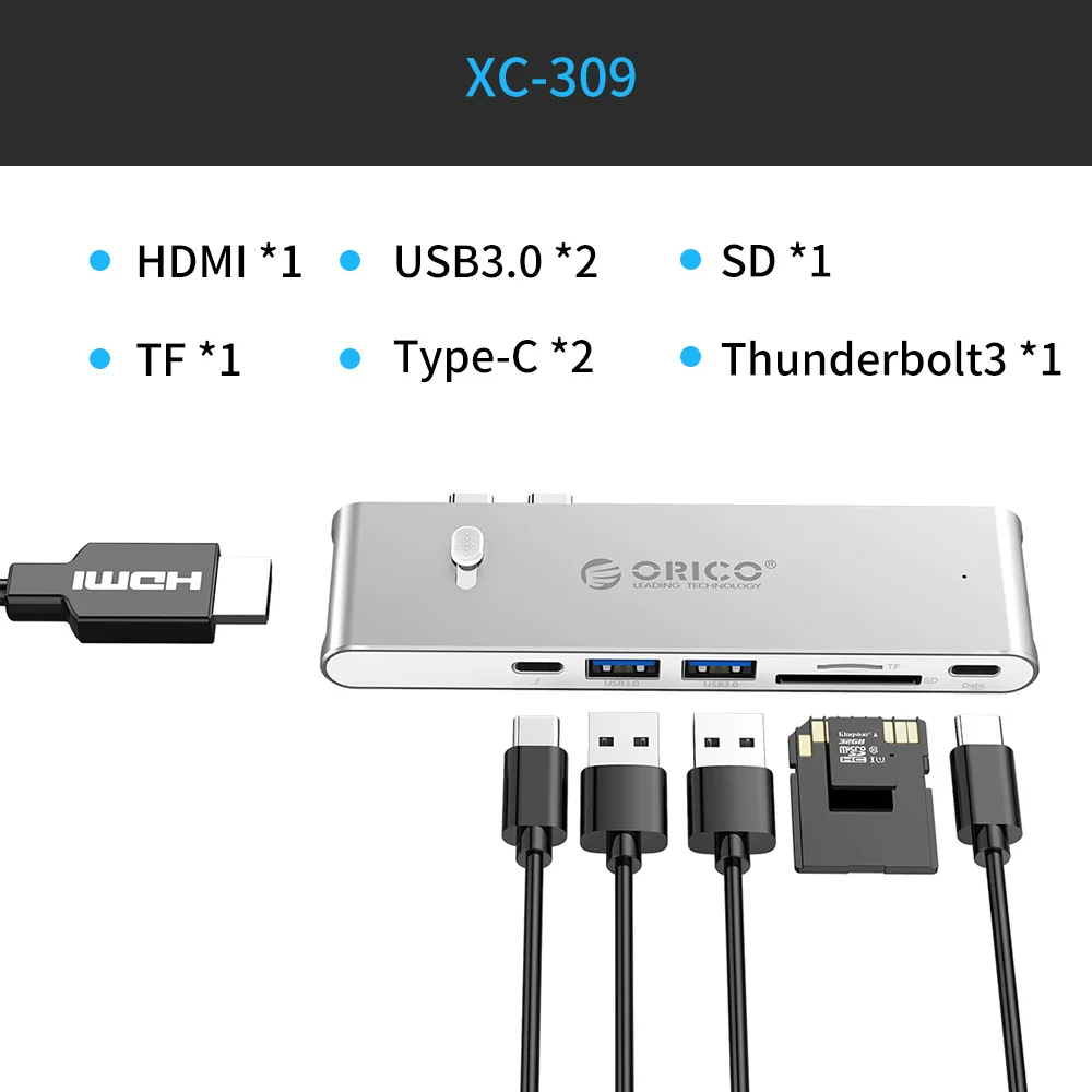 ORICO usb-хаб из алюминиевого сплава type-C концентратор USB C для HDMI/type-C/USB3.0/RJ45/PD зарядный концентратор USB3.0 концентратор