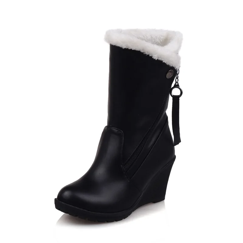 BONJOMARISA/Зимние теплые плюшевые пинетки размера плюс 30-52, женские повседневные Зимние ботильоны на платформе г. Женская обувь на высокой танкетке - Цвет: Черный
