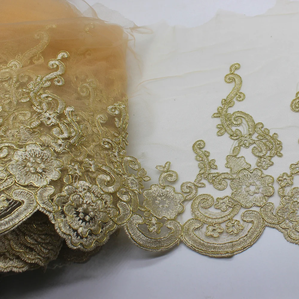 Золотая вышитая кружевная ткань для свадебного платья, самодельная одежда, аппликация цвета шампанского, Золотая кружевная отделка, зубчатые свадебные пояса 13 см-32 см