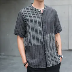 2019 новый японский стиль летняя льняная рубашка с короткими рукавами мужская полосатая Лоскутная без воротника легкая черная белая