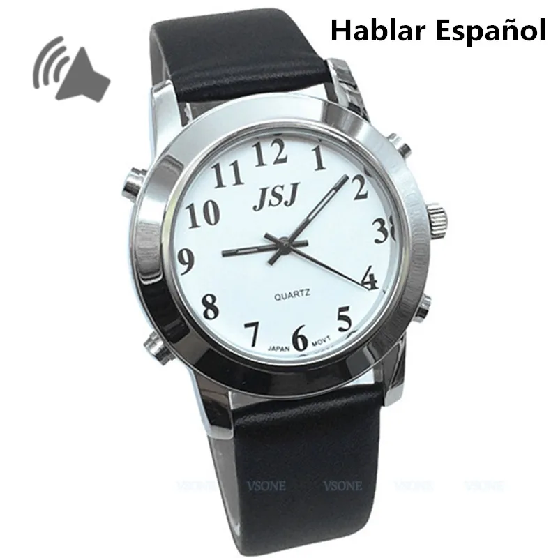 Spanish Talking Watch with Alarm, Leather Strap, for Blind People or