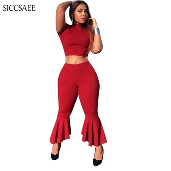 

Red Two Piece Set Turtleneck Crop Top Bell Bottom Pants Ruffles 2018 Summer Style Sexy Bodysuit Korean Fashion Clothing Club