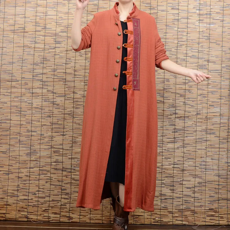 ASYMSAY 2017 Outono Nova Roupas de Algodão de Linho Mulheres Blusão Estilo Étnico Retro Vintage Bordado Trench Coat Outwear AC3272