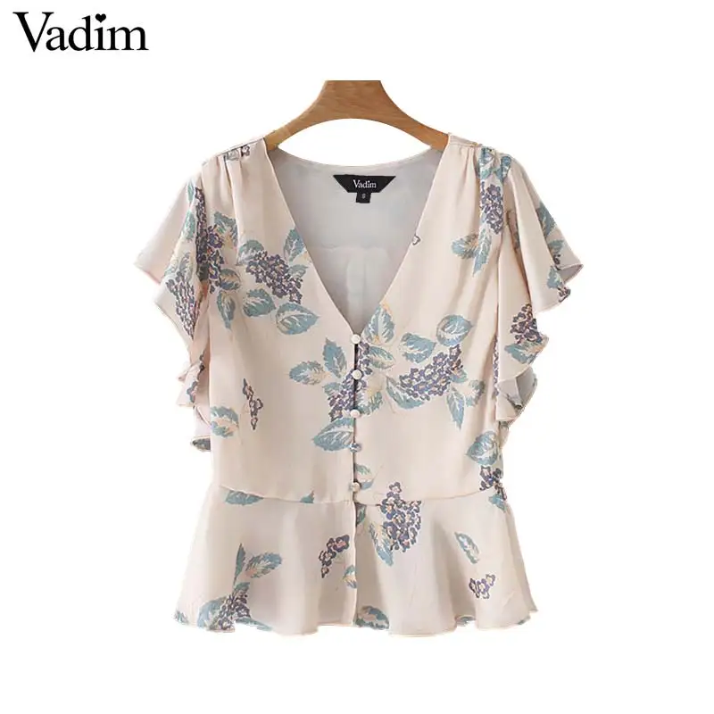 

Vadim women sweet ruffled floral print V neck blouse buttons short sleeve female casual shirts stylish summer top blusas DA361
