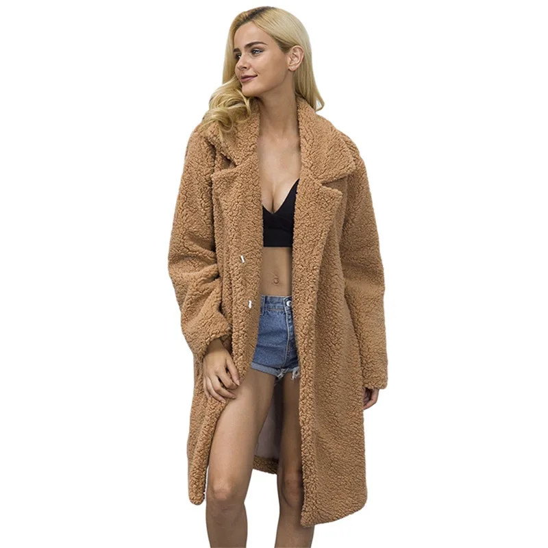Women Oversized Faux Fur Coat Wool Knitted Warm Cashmere Ladies Long Sleeve Rabbit Jacket Fluffy Overcoat | Женская одежда