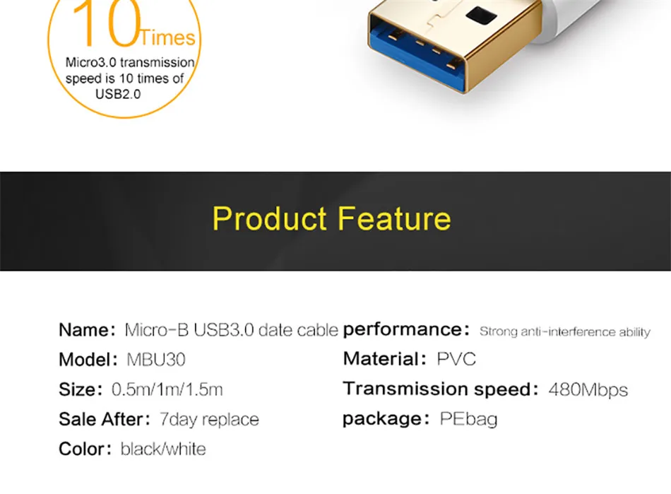 QGEEM 1M USB 3.0 Type A to Micro B Extension Cable For External Hard Drive Disk HDD Samsung S5 Note3 USB HDD Data Cable          (2)