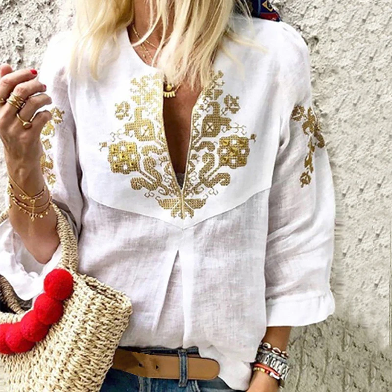 Acheter 2018 Automne Bohème Floral Imprimé Top Blusas Femmes V Cou 3 4 Lanterne Manches Élégant Femme Occasionnel Lâche Femininas Chemise