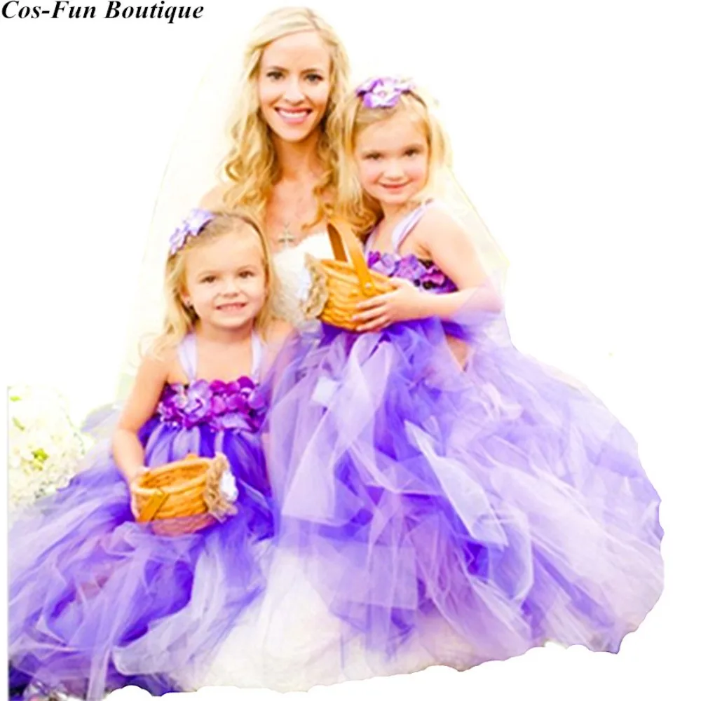 

Purple Flower Girl Tutu Dress Wedding Lavender Dress Children Girls Clothes With Headwear For Party Birthday LU24