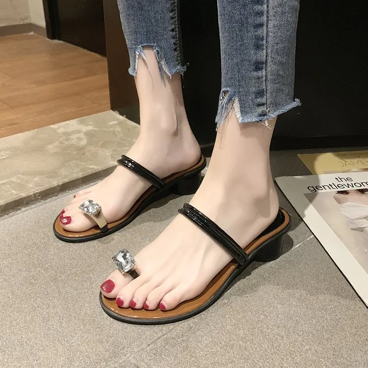 

Thin Heels Women's Slippers 2019 Woman Shoes Luxury Glitter Slides Socofy Heeled Mules Ladies Flip Flops Square heel New