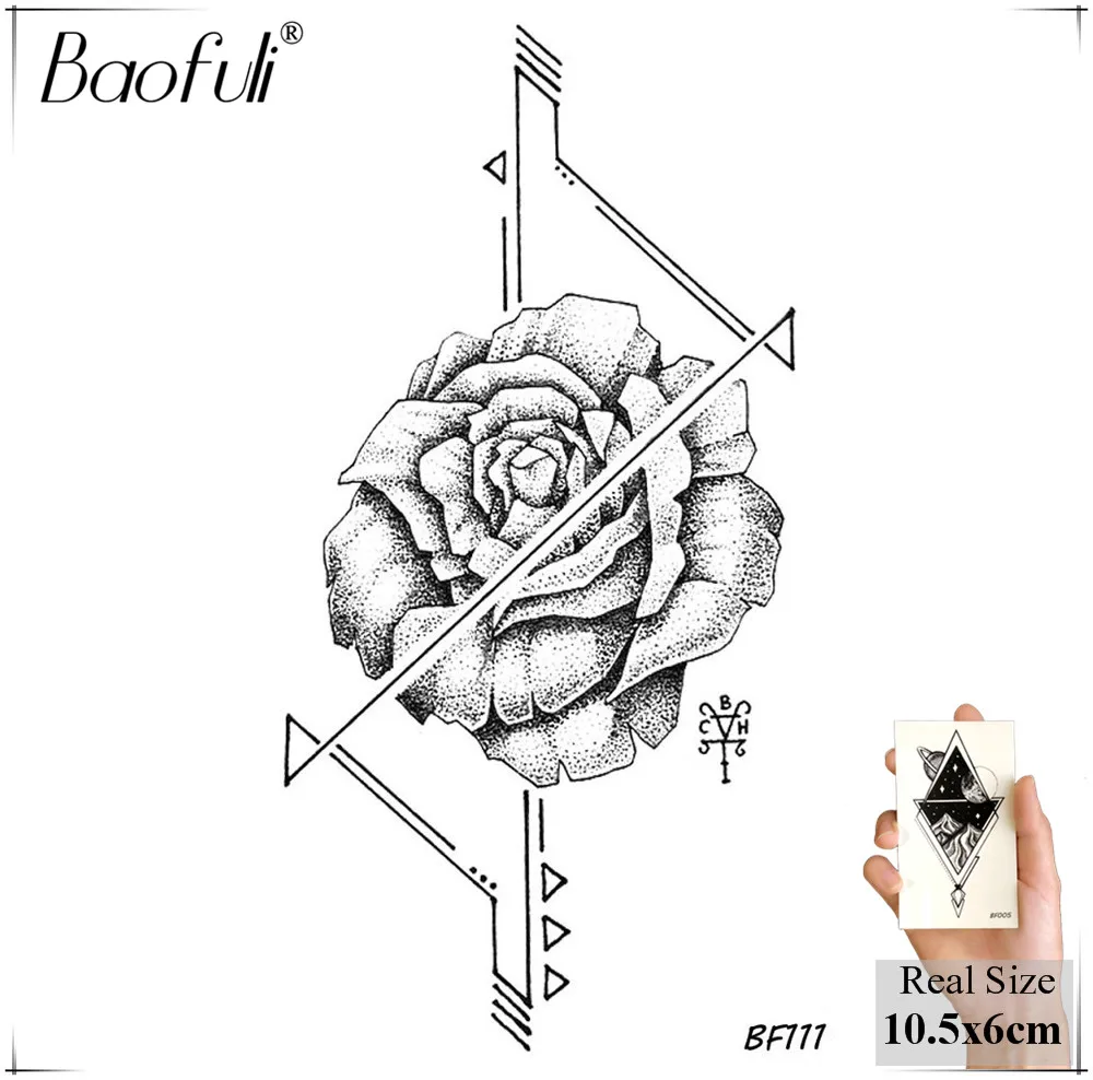 Геометрические треугольные татуировки Временные-розы татуировки цветы водонепроницаемые черные фальшивые татуировки шея спина руки ноги женщины татуировки наклейки - Цвет: BBF111