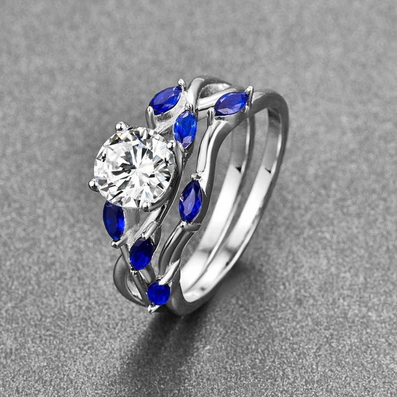 BONLAVIE Wedding Band Couple Ring Sets Horse Eye Shape Blue Sapphire Tanzanite Rings 100% 925 Sterling Silver Fine Jewelry Ring