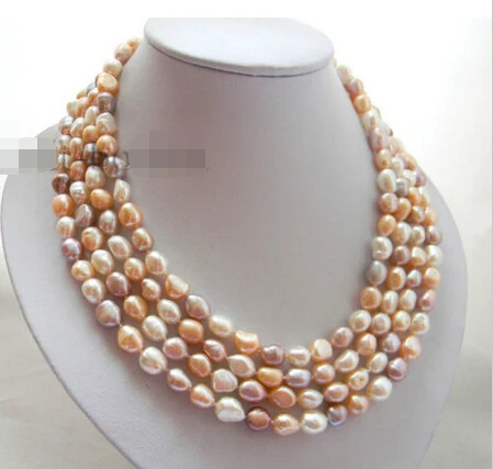 

Free shipping >>>>>4Strands 8MM White Pink Lavender Baroque Freshwater Pearl Necklace