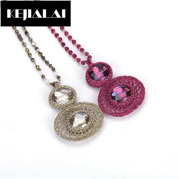 

KEJIALAI Dould Round Pendant Necklace Macrame Crystal Glass Charm Beads Chain 80cm Statement Necklace for Engagement Wedding