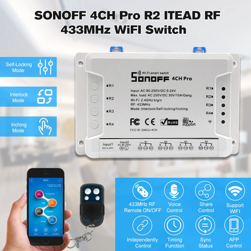 Sonoff 4CH R2/Pro R2 умный Wifi переключатель домашний 433 МГц RF Wifi светильник 4 комплекта 3 режима работы инчинг Блокировка для Alexa