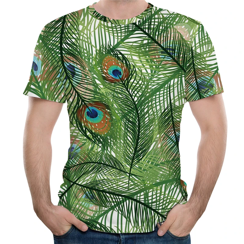 

LOSSKY 2019 Summer Men Peacock Feather 3D Printed Design Short Sleeve Tops Tees Fashion O-Neck Loose Male T-Shirt Clothing