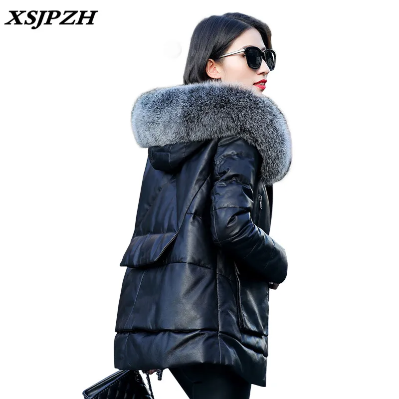 XSJPZH 2018 New Leather Down Jacket Coat Women's Short Sheep Fur Outer Fox Collar Hooded Warm Outerwear LA041 | Женская одежда