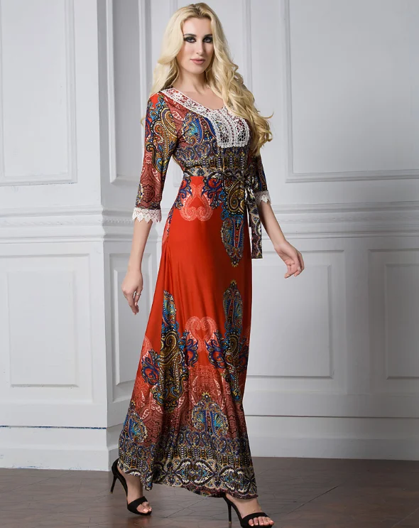 

Muslim Abaya Dress Print Maxi Robe Kimono Silk Lace Women Thobe Jubah Ramadan Arabic Turkey Islamic Middle East Clothing FQ205