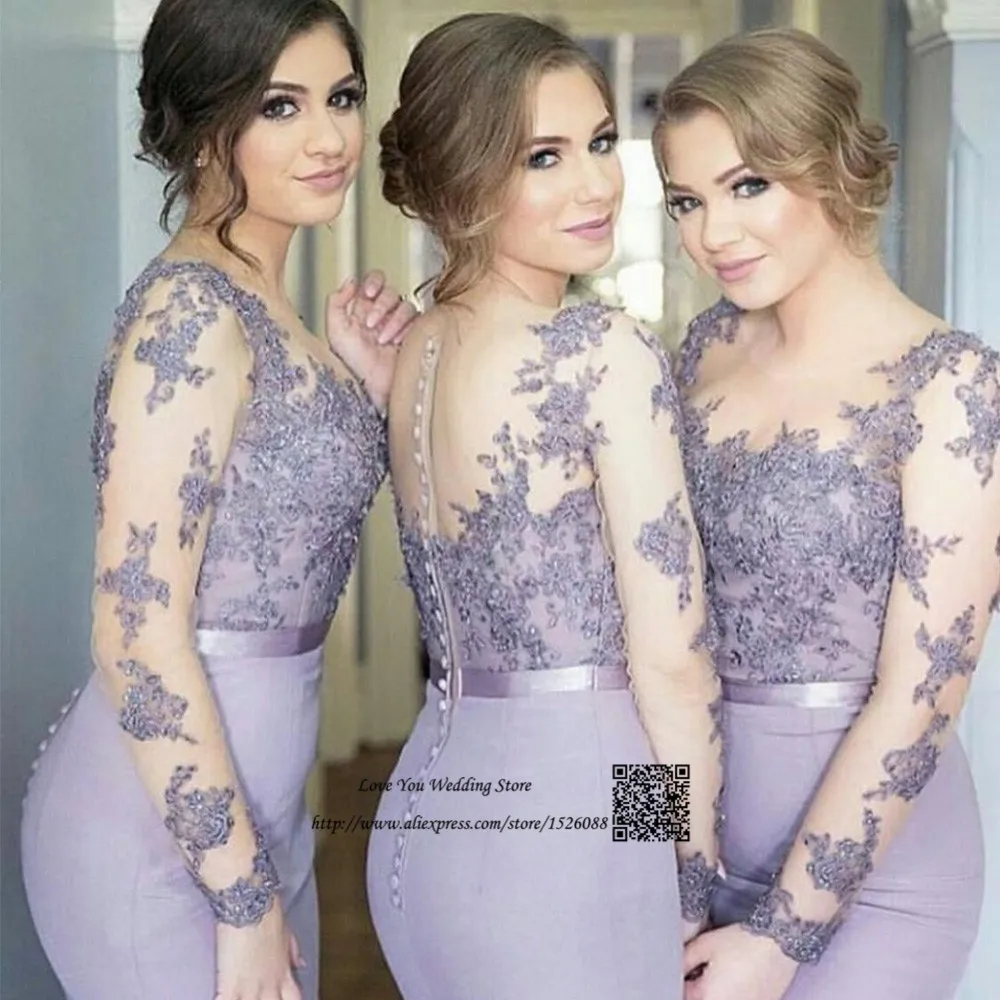 

Sexy Lavender Long Sleeve Lace Bridesmaid Dresses Long Mermaid Wedding Party Dress 2017 Vestido de Festa de Casamento Madrinha