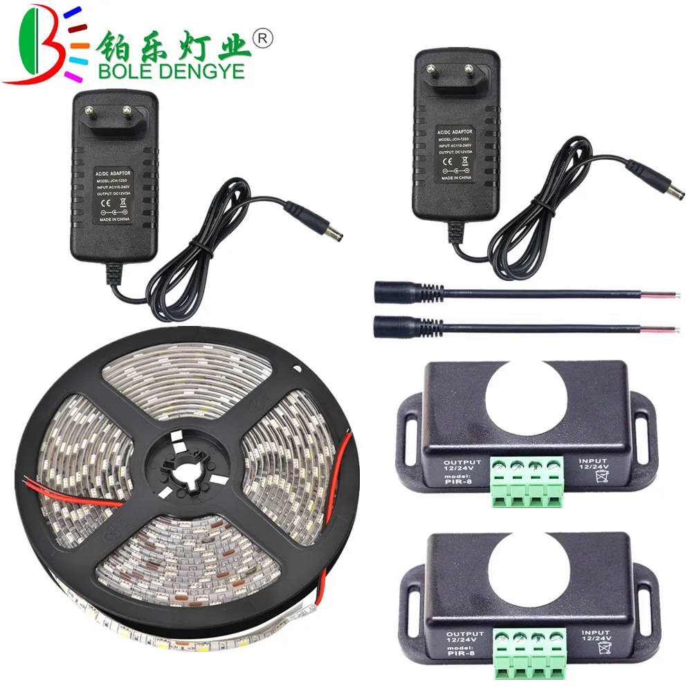 

5M 5050 Cabinet LED Strip 12V 60 leds/m Flexible PIR Motion Sensor Night Light SMD Waterproof Human Detector Lamp For Home