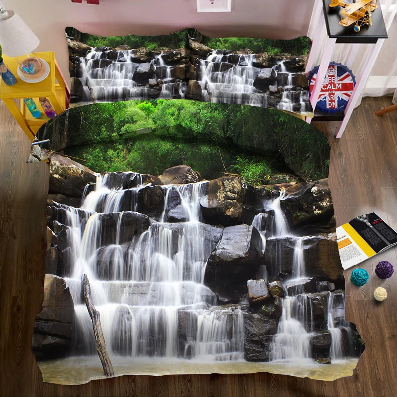 

Waterfall cascades on a large stone 3d effect photo bed linen can be customized photo pattern