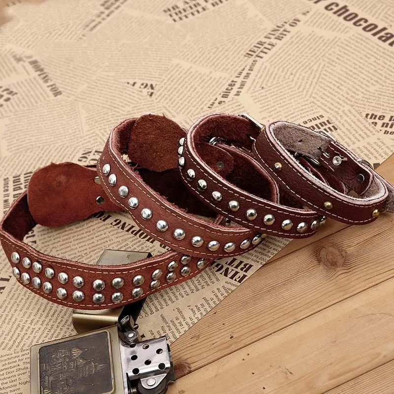 

Designer Genuine Leather Soft Padded Big Dog Collar Adjustable Dog Collars with Round Rivets Durable for dogs Pitbull Brown