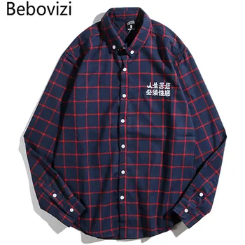 

Bebovizi Harajuku Shirt Mens Hip Hop Long Sleeve Hawaiian Shirt Casual Streetwear Funny Chinese Character Embroidery Plaid Shirt