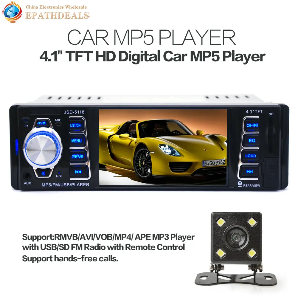 

5118 4.1 Inch 1 Din HD Car Stereo Radio Bluetooth MP3 MP5 Player Support USB SD FM TF AUX + Auto Rearview Backup Reverse Camera