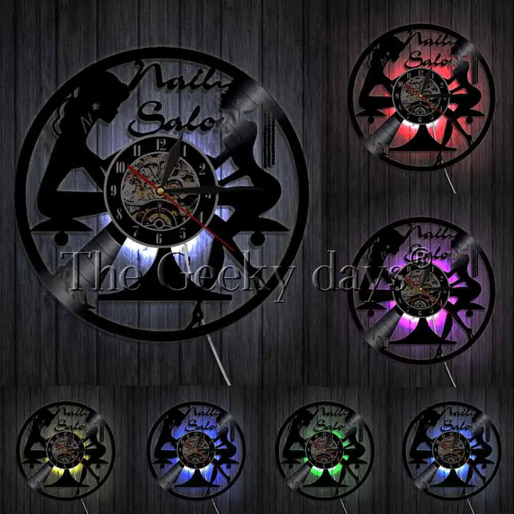 Маникюрный салон Виниловая пластинка кварцевые настенные часы для студии красоты современные настенные часы для маникюра индивидуальные часы настенные часы - Цвет: With LED