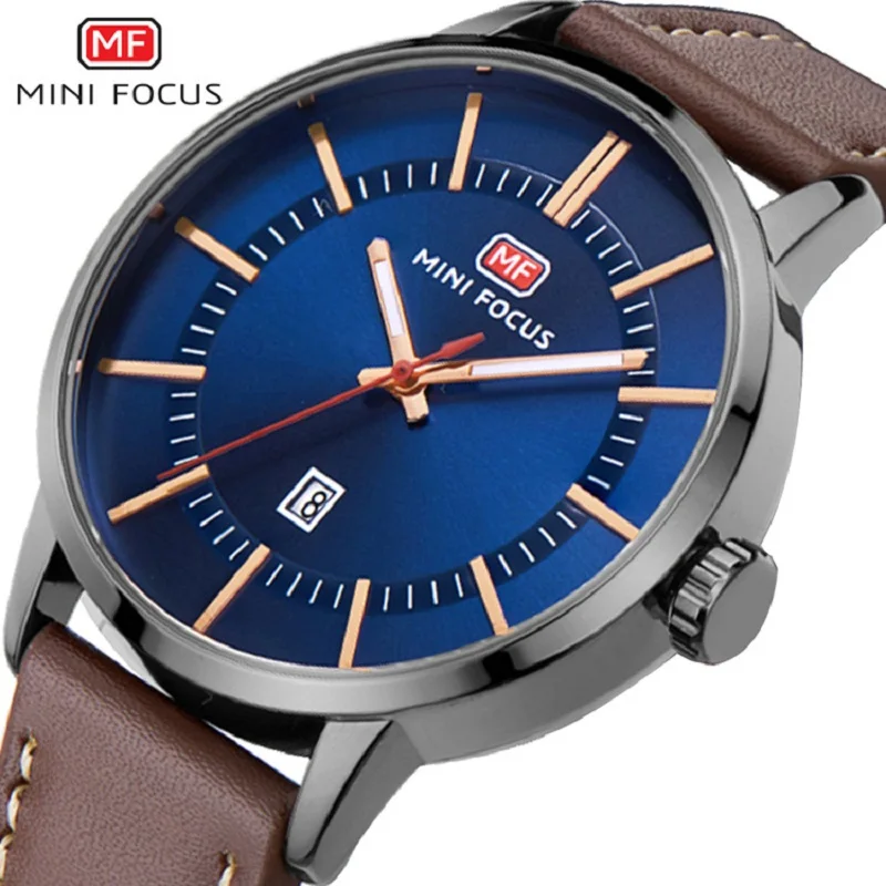 

MINI FOCUS top brand mens genuine leather wrist watches quartz waterproof calendar brown black gold blue business man clocks
