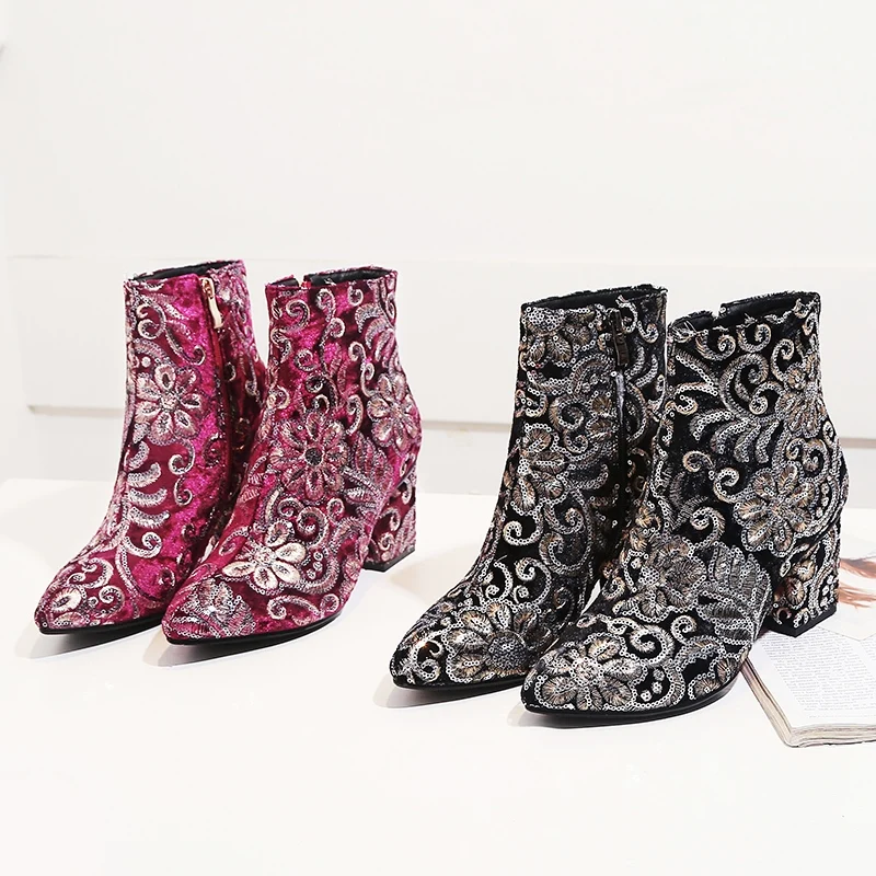 MORAZORA/высококачественные женские ботинки с вышивкой осенне-зимние ботинки на Высоком толстом каблуке модная женская обувь ботильоны