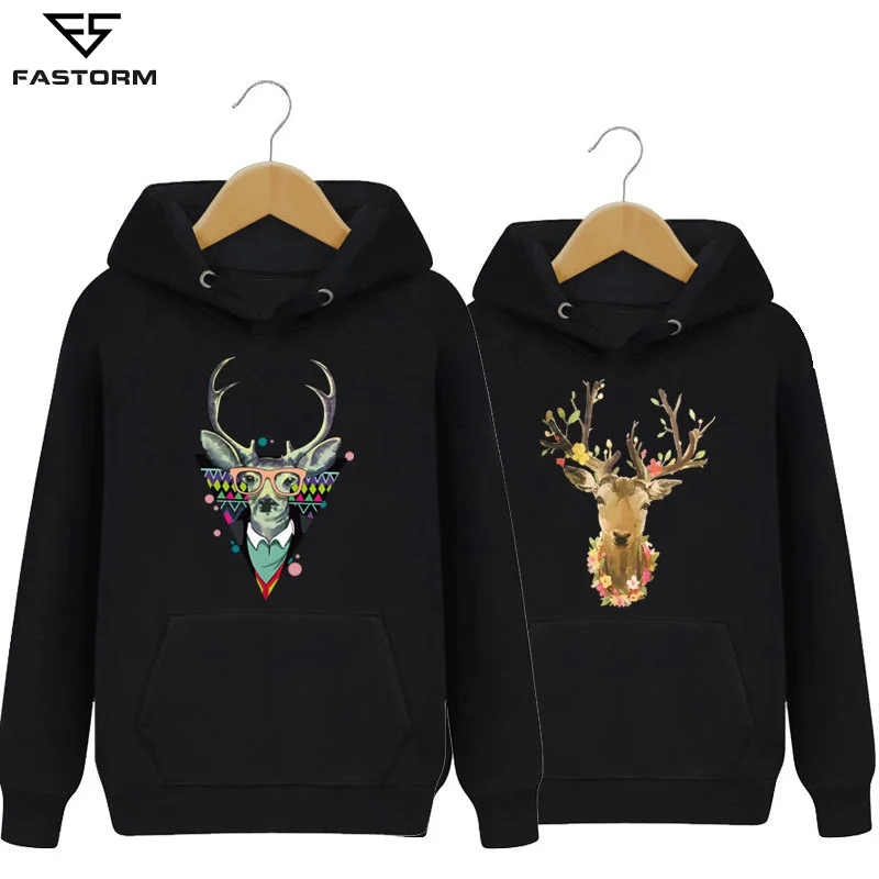 

FASTORM Lovers Hoodies Casual Print Deer Hoody Slim Couple Sweatshirt Valentine's Gift Skateboard Long Sleeve Casual Pullover