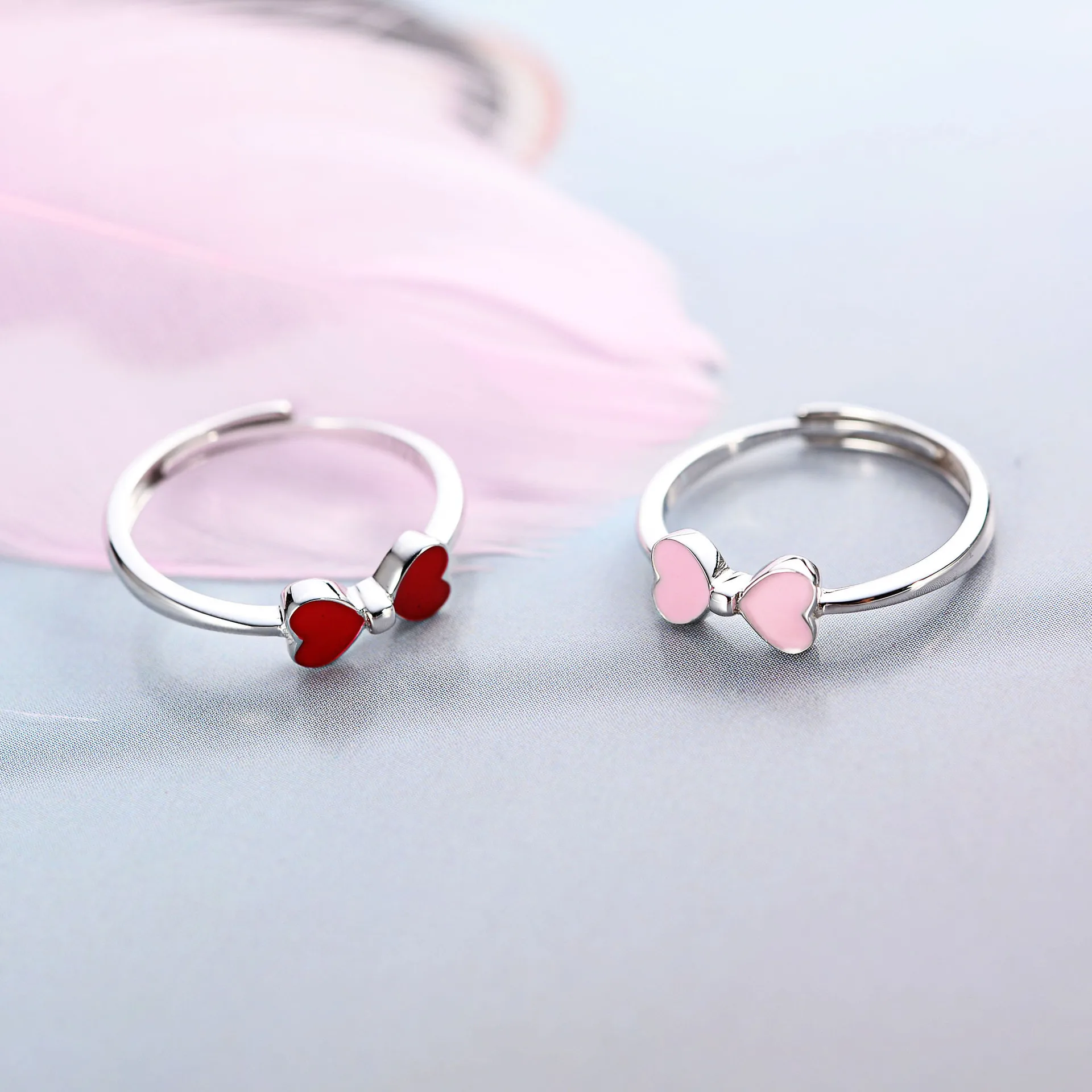 heart bow drop glaze open ring 100% Sterling 925 silver Jewelry Vintage Adjustable rings for women girl gift