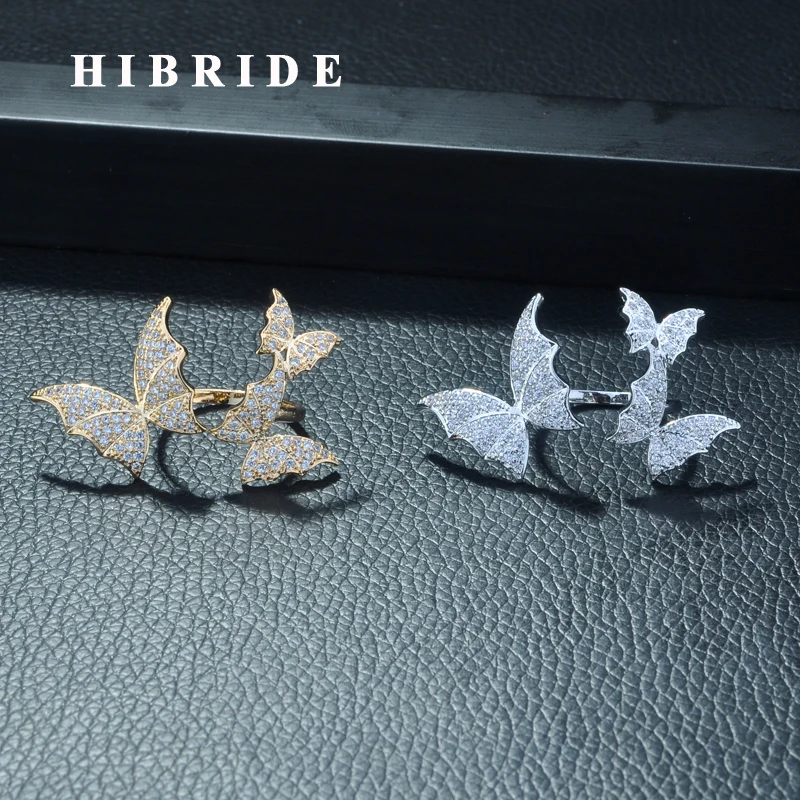 HIBRIDE New Butterfly Shape Mirco CZ Pave Adjustable Rings for Women Jewelry White Gold Color Ring Anillos Mujer Wholesale R-268 | Украшения