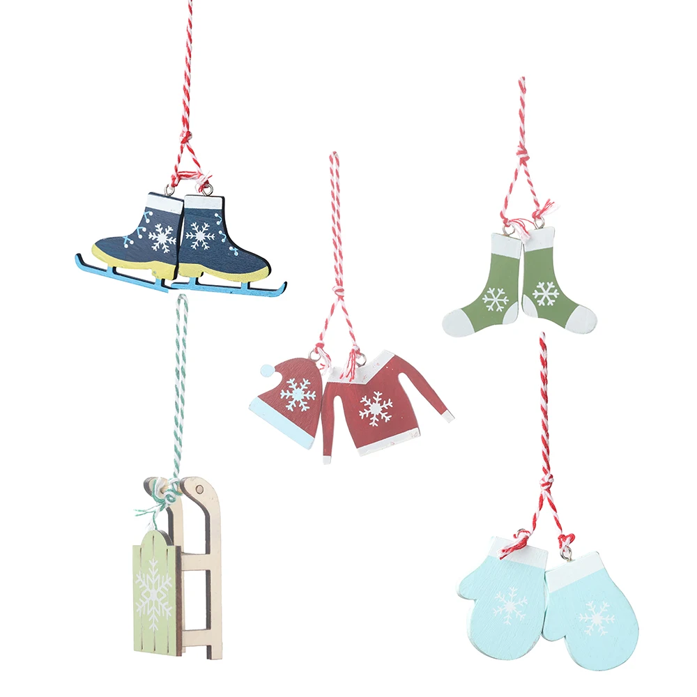 

5pcs New Year Natural Wood Socks Ski Sled Christmas Ornaments Pendant Hanging Gifts Xmas Tree Decor Home Wedding Decoration
