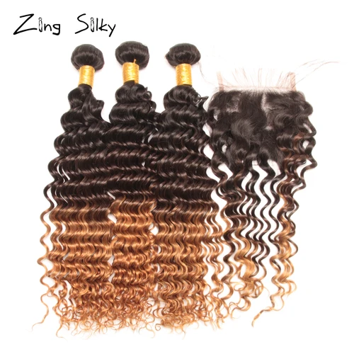 Deep Wave Ombre Bundles with Closure Colored 3/4 Brazilian Human Hair Bundles with Closure Remy Tissage Bresiliens Avec Closure Pakistan