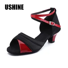 Wzjl черный, красный атлас с волнообразным краем; Zapatos De Baile Latino Mujer Латина Танго Сальса Танцевальная обувь для девочек Туфли для латинских танцев для девочек детские женщина
