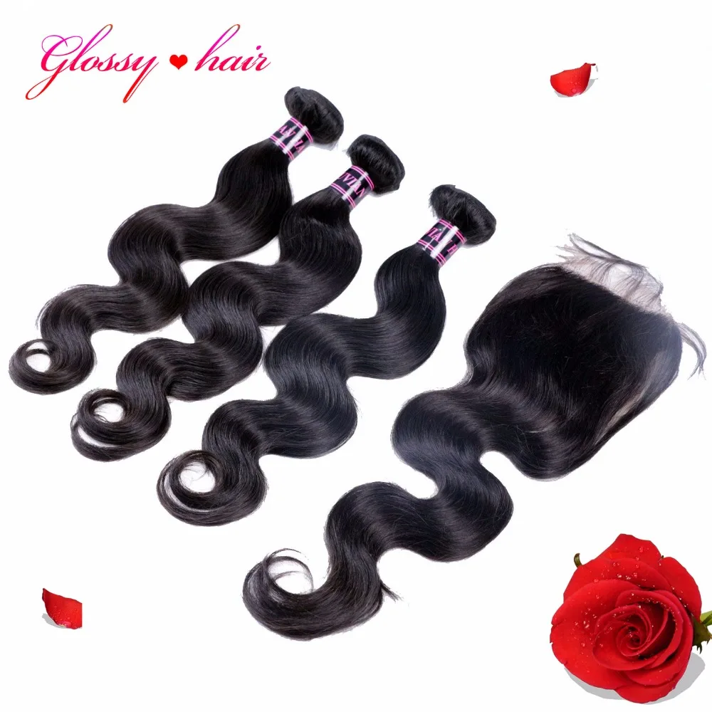 

7A Peruvian Virgin Hair With Closure 3PCS Peruvian Body Wave Hair Bundles With 1PC Lace Closure 100% Human Hair Weave
