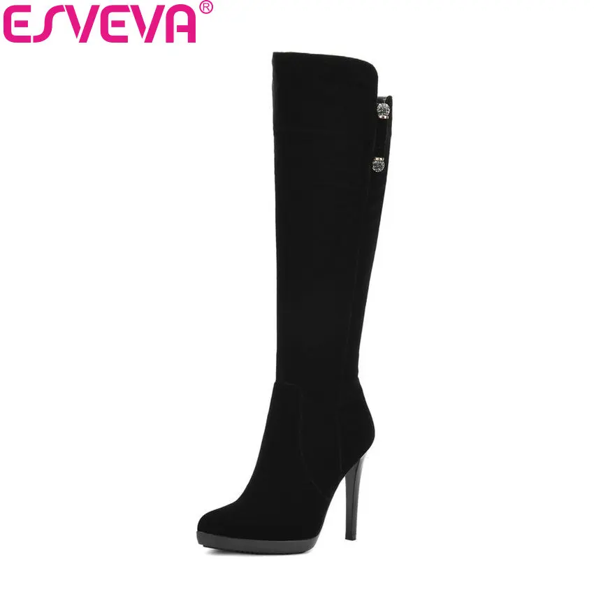 Beste ESVEVA 2018 Scrub Zwarte Vrouwen Laarzen Korte Pluche Knie hoge Laarzen Scrub Dame Mode Schoenen Dunne Hoge Hakken Winter laarzen Maat 34 39