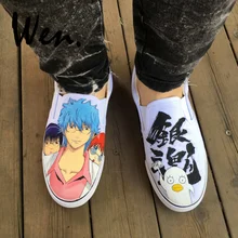Вэнь ручная роспись обувь для скейтбординга для мужчин и женщин дизайн пользовательские аниме гинтама Белые слипоны парусиновые кроссовки низкие плоские плимсоллы