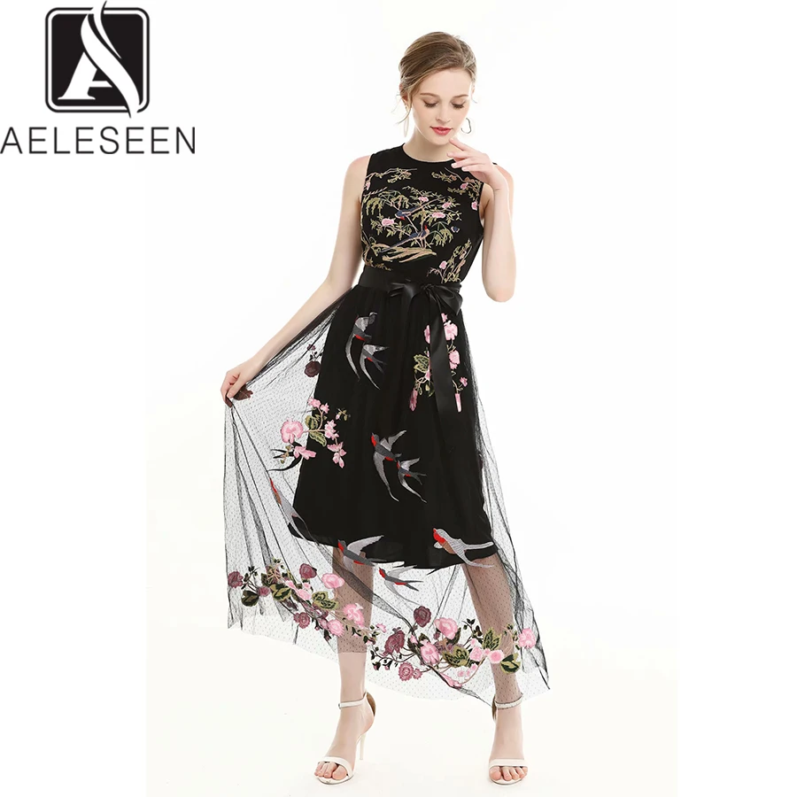 

AELESEEN Luxury Fashion Runway Party Dress Women 2019 Summer Sleeveless Mesh Flower Bird Belt Black Long Embroidery Dresses