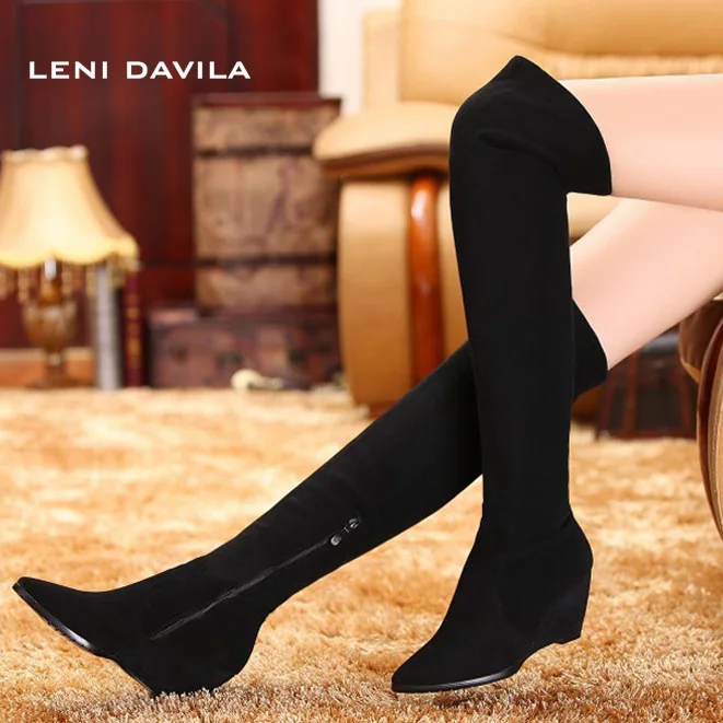 LENI DAVILA 2017 pointed toe Nubuck Genuine Leather over the knee snow boots for women fashion flat wedge heel boots size31-45 fashion slim rivets thick heel pointed toe zip winter snow boots genuine leather stretch fabric over the knee boots women boots