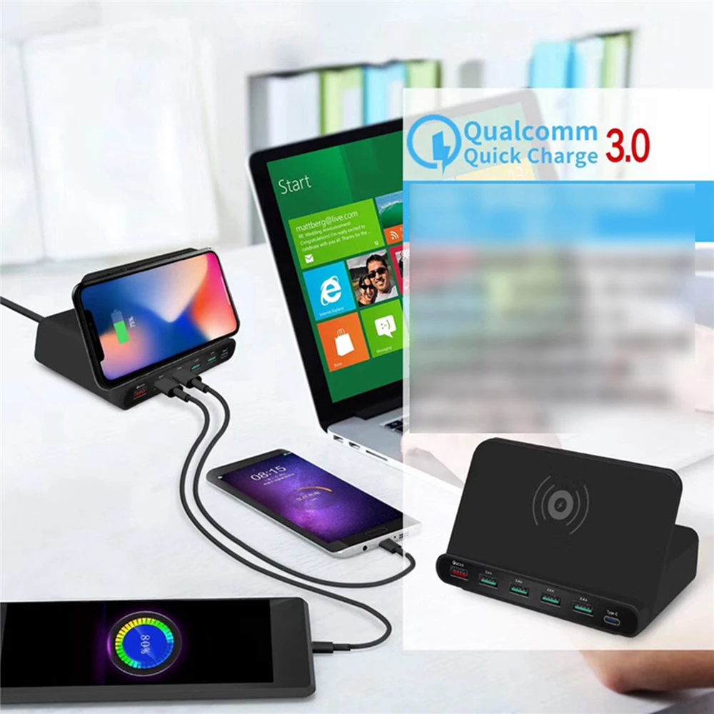 10 Вт QI Беспроводное быстрое зарядное устройство для iphone X XS MAX Android телефон многопортовый USB Быстрая зарядка кронштейн Подставка US UK EU AU штекер