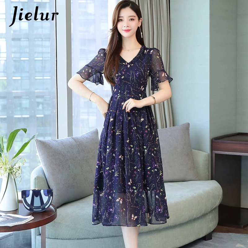 Jielur цветочное шифоновое летнее платье с v-образным вырезом, платье для хипстера, женское платье с коротким рукавом, новое тонкое женское платье S-XXL