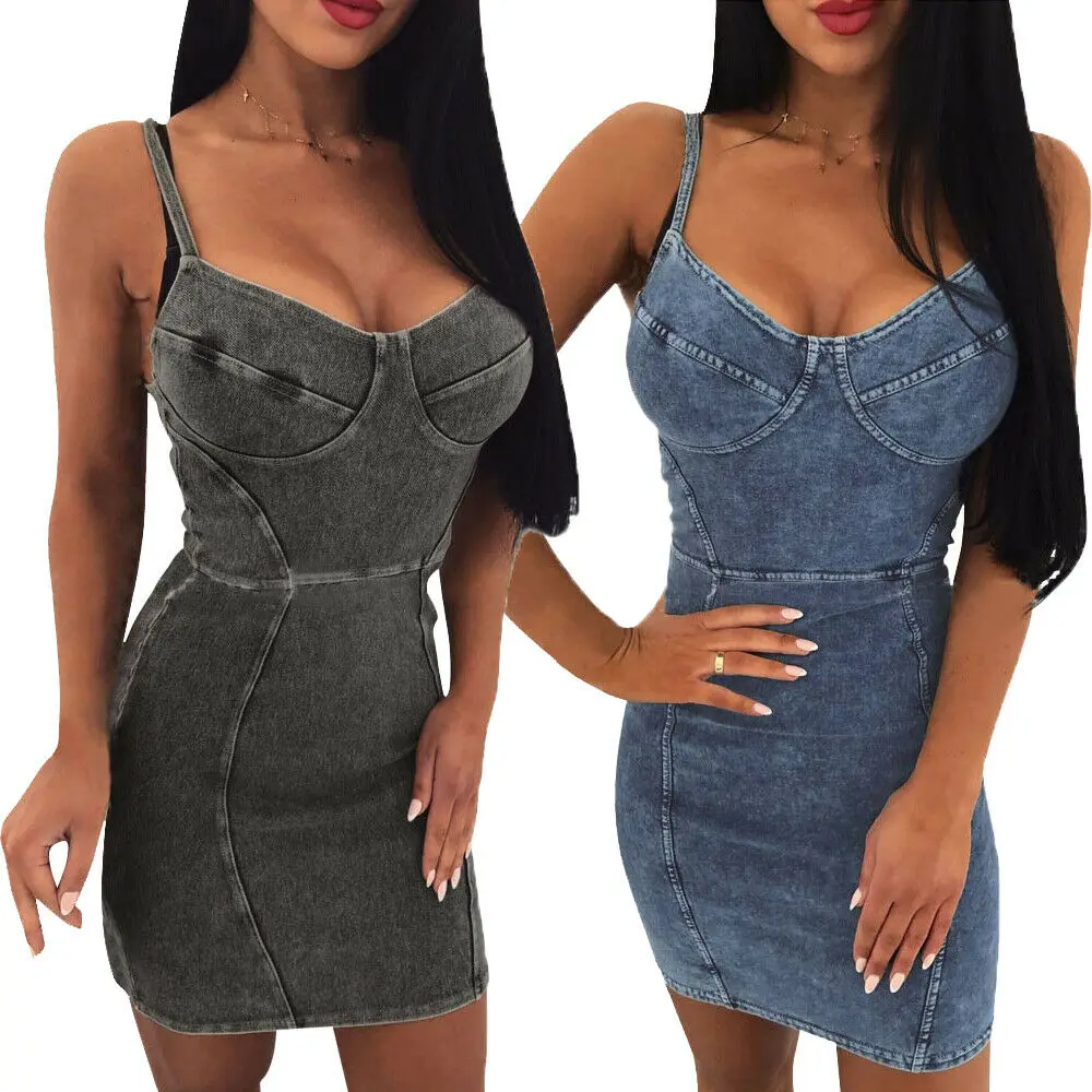 

Women Sleeveless Denim Mini Dress Slim Backless Summer Party Cocktail Clubwear